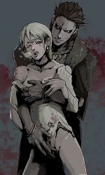 Rule 34 | 1boy, 1girl, blonde hair, blood, bottomless, bracelet, grabbing another&#039;s breast, breasts, breath, capcom, choker, cowboy shot, demento, earrings, tooth necklace, fiona belli, grabbing, grandfather and granddaughter, groping, hetero, jewelry, looking at viewer, lorenzo, lorenzo belli, lowres, molestation, oekaki, off shoulder, one eye closed, shirt, short hair, smile, standing, torn clothes, torn shirt