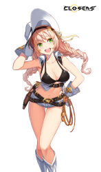 Rule 34 | 1girl, :d, arm up, armpits, bare arms, bare shoulders, belt, bikini, black bikini, blonde hair, boots, braid, breasts, cleavage, closers, collarbone, collared shirt, cowboy hat, crop top, framed breasts, gloves, green eyes, hairband, halterneck, hand on own hip, hat, highres, knee boots, large breasts, lasso, long hair, long legs, looking away, loose belt, micro shorts, midriff, multiple belts, navel, official art, open mouth, revealing clothes, shirt, short shorts, shorts, sleeveless, sleeveless shirt, smile, solo, soma (closers), stomach, string bikini, swimsuit, thigh gap, thighs, twin braids, white footwear, white gloves, white headwear, white shirt, white shorts