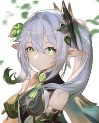 Rule 34 | 1girl, cape, child, cross-shaped pupils, detached sleeves, dress, genshin impact, gradient hair, green cape, green eyes, green hair, hair ornament, highres, leaf hair ornament, long hair, looking at viewer, multicolored hair, nahida (genshin impact), pointy ears, salmon88, side ponytail, solo, symbol-shaped pupils, white dress, white hair