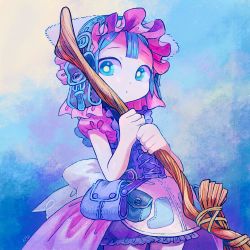 Rule 34 | 1boy, apron, back bow, bloomers, blue background, blue eyes, blue hair, bonnet, bow, bright pupils, broom, commentary request, corset, cowboy shot, dress, frills, hands up, highres, holding, holding broom, kazkazart, looking at viewer, made in abyss, male focus, maruruk, parted lips, pink dress, pouch, puffy short sleeves, puffy sleeves, purple bloomers, purple corset, short hair, short sleeves, signature, solo, traditional media, trap, underwear, waist apron, yellow pupils