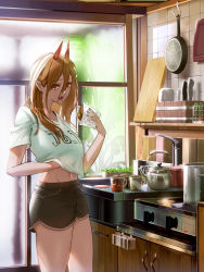 Rule 34 | 1girl, absurdres, black shorts, blonde hair, burger, chainsaw man, cowboy shot, cup, demon horns, food, hair over shoulder, highres, holding, holding food, horns, kitchen, knife sheath, long hair, looking at viewer, midriff peek, mug, open mouth, power (chainsaw man), red eyes, scenery, sheath, shorts, smile (qd4nsvik), standing, stove, teapot, tree, white hair, window
