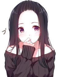 Rule 34 | 1girl, bare shoulders, black hair, blush, breasts, caidychen, collarbone, japanese text, long hair, no bangs, off-shoulder, off-shoulder sweater, off shoulder, original, purple eyes, ribbed sweater, simple background, solo, sweater, tears, text focus, upper body, white background