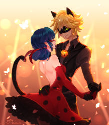 Rule 34 | 1boy, 1girl, adapted costume, adrien agreste, animal ears, arm around waist, bare back, bare shoulders, bell, neck bell, black bodysuit, black gloves, blue eyes, blue hair, bodysuit, bug, butterfly, cat ears, cat tail, chat noir, choker, colored sclera, couple, dancing, domino mask, dress, earrings, elbow gloves, eye contact, frilled dress, frills, gloves, green eyes, green sclera, hair ribbon, holding hands, height difference, hetero, bug, jewelry, kouguchi neko, ladybug (character), looking at another, low twintails, marinette dupain-cheng, mask, miraculous ladybug, polka dot, red dress, red gloves, red ribbon, ribbon, smile, stud earrings, tail, twintails, vest