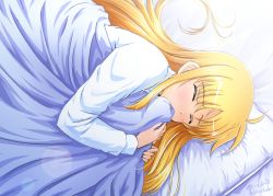 Rule 34 | 1girl, artist name, blonde hair, blush, closed eyes, commentary, day, diesel-turbo, fate testarossa, female focus, from above, hair down, lens flare, long hair, lying, lyrical nanoha, mahou shoujo lyrical nanoha, on bed, on side, signature, sleeping, solo, twitter username, under covers