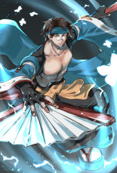 Rule 34 | 1boy, abs, black gloves, black hair, blue eyes, bug, butterfly, fighting stance, fingerless gloves, gloves, guilty gear, guilty gear strive, hand fan, highres, bug, japanese clothes, kimono, looking at viewer, male focus, mito anji, muscular, muscular male