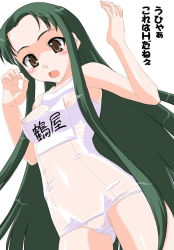 Rule 34 | 00s, 1girl, breasts, covered erect nipples, fang, green hair, long hair, name tag, nipples, one-piece swimsuit, school swimsuit, see-through, shinama, small breasts, solo, suzumiya haruhi no yuuutsu, swimsuit, translated, tsuruya, very long hair, white school swimsuit, white one-piece swimsuit