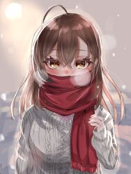 Rule 34 | 1girl, ahoge, blush, breath, brown eyes, brown hair, covered mouth, crossed bangs, hair between eyes, highres, hololive, hololive english, long hair, long sleeves, looking at viewer, multicolored hair, nanashi mumei, nanashi mumei (casual), official alternate costume, red scarf, scarf, scarf over mouth, selen (sbjrlzekyt48001), sleeves past wrists, snow, snowing, streaked hair, sun, sweater, virtual youtuber, white sweater