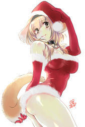 Rule 34 | animal ears, breasts, collar, dog ears, dog tail, dress, fur-trimmed dress, fur trim, hair between eyes, hairband, hat, isekai meikyuu de harem wo, jewelry, looking at viewer, medium breasts, neck ring, red dress, roxanne (isekai meikyuu de harem wo), santa costume, santa hat, shikidouji, short hair with long locks, simple background, solo, tail, thighs, white background