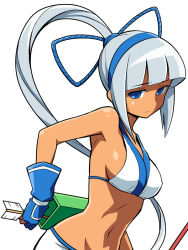 Rule 34 | 1girl, anbe masahiro, arrow (projectile), bikini, bikini top only, blue bow, blue eyes, blue gloves, blue hairband, blunt bangs, bow, closed mouth, commentary request, dark-skinned female, dark skin, gloves, hair bow, hairband, holding, holding arrow, light frown, long hair, looking at viewer, majikina mina, navel, ponytail, quiver, samurai spirits, simple background, solo, standing, swimsuit, upper body, white background, white bikini, white hair