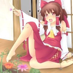 Rule 34 | 1girl, anklet, ascot, barefoot, bow, brown hair, candy, detached sleeves, feet, female focus, flower, food, hair bow, hair tubes, hakurei reimu, highres, hisa tsuki, japanese clothes, jewelry, lollipop, long hair, melting, miko, no panties, open mouth, popsicle, red eyes, sitting, skirt, smile, solo, touhou