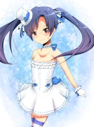 Rule 34 | 1girl, bad id, bad pixiv id, bare shoulders, blue hair, brown eyes, choker, dress, flat chest, gloves, idolmaster, idolmaster (classic), kisaragi chihaya, long hair, naya (wanwan drill), ribbon, smile, solo, striped clothes, striped thighhighs, sweatdrop, thighhighs, twintails, white gloves