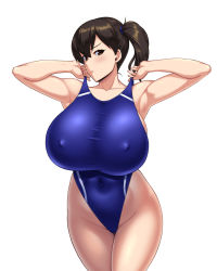 Rule 34 | 1girl, adjusting clothes, adjusting swimsuit, black hair, breasts, brown eyes, competition swimsuit, huge breasts, kaga (kancolle), kantai collection, kawanuma uotsuri, looking at viewer, one-piece swimsuit, solo, swimsuit