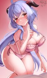 Rule 34 | 1girl, absurdres, ahoge, artist name, blue hair, blush, bow, bow bra, bow panties, bra, breasts, brown eyes, cameltoe, cleavage, finger to own chin, ganyu (genshin impact), genshin impact, highres, kyoto mogu, large breasts, lingerie, long hair, looking at viewer, naughty face, nose blush, panties, pink bra, pink panties, sidelocks, signature, smile, solo, standing, strap slip, sweat, thick thighs, thighs, underwear, very long hair