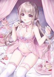 Rule 34 | 1girl, :d, babydoll, bare arms, bare shoulders, bead bracelet, beads, bed, blush, bow, bow panties, bracelet, breasts, brown hair, candy, canopy bed, cleavage, commentary request, curtains, doughnut, food, frilled panties, frilled pillow, frilled thighhighs, frills, hair bow, heart, heart-shaped lollipop, highres, jewelry, kohinata hoshimi, lollipop, long hair, low twintails, macaron, medium breasts, navel, on bed, open mouth, original, panties, pillow, pink bow, pink panties, plate, red eyes, shaped lollipop, sitting, smile, solo, stuffed animal, stuffed rabbit, stuffed toy, thighhighs, twintails, underwear, underwear only, very long hair, white thighhighs