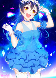 Rule 34 | 1girl, arm up, bare shoulders, blue hair, blush, choker, commentary request, cowboy shot, dress, earrings, flower, gloves, hair between eyes, hair ornament, head wreath, jewelry, long hair, looking at viewer, love live!, love live! school idol project, marshall (wahooo), open mouth, smile, solo, sonoda umi, thighhighs, white gloves, white thighhighs, yellow eyes, yume no tobira