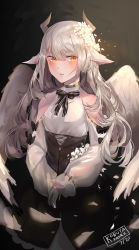 Rule 34 | 1girl, animal ears, artist name, bare shoulders, black bow, black skirt, blush, bow, brown eyes, clothing cutout, commentary, dated, english commentary, feathered wings, grey hair, hair between eyes, high-waist skirt, highres, horns, kobutanori, long hair, long sleeves, looking at viewer, original, own hands together, parted lips, puffy long sleeves, puffy sleeves, shirt, shoulder cutout, skirt, sleeves past wrists, solo, striped, striped bow, very long hair, white shirt, white wings, wings