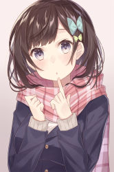 Rule 34 | 1girl, :o, blue bow, blue eyes, blush, bow, breasts, brown hair, enpera, green bow, grey background, hair bow, highres, index finger raised, jacket, large breasts, long hair, looking at viewer, nagitoki, original, parted lips, pink scarf, plaid, plaid scarf, scarf, school uniform, simple background, solo, sweater, swept bangs, uniform, upper body