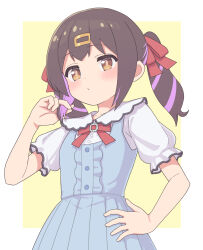 Rule 34 | 1girl, black hair, blue dress, blush, brown eyes, center frills, commentary, dot nose, dress, frills, frown, hair ornament, hair ribbon, hairclip, hand on own hip, hand up, highres, holding, holding own hair, long hair, looking at viewer, multicolored hair, onii-chan wa oshimai!, oyama mihari, puffy short sleeves, puffy sleeves, purple hair, red ribbon, ribbon, rundraw, short sleeves, simple background, solo, twintails, two-tone hair, yellow background