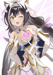 Rule 34 | 1girl, animal ear fluff, animal ears, bare shoulders, black hair, blush, breasts, cat ears, cat girl, cleavage, detached sleeves, dress, green eyes, hair ribbon, heart, heart hands, highres, karyl (princess) (princess connect!), karyl (princess connect!), long hair, looking to the side, low twintails, medium breasts, multicolored hair, one eye closed, open mouth, princess connect!, ribbon, smile, solo, streaked hair, tiara, twintails, white dress, white hair, wide sleeves, ya.yu.