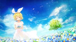 Rule 34 | 1girl, blonde hair, blue sky, blush, cloud, commentary request, day, dress, closed eyes, field, flower, flower field, hair ornament, hair ribbon, hairclip, highres, kagamine rin, nature, outdoors, ribbon, short hair, sky, smile, solo, tree, vocaloid, white dress, yuranpo