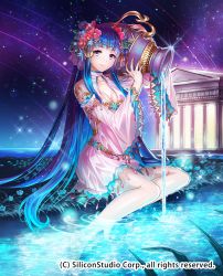 Rule 34 | 1girl, bare shoulders, barefoot, blue eyes, blue hair, breasts, cleavage, company name, flower, full body, grass, gyakushuu no fantasica, hair flower, hair ornament, long hair, night, night sky, official art, sitting, sky, solo, star (sky), temple, water, xxxpechkaxxx