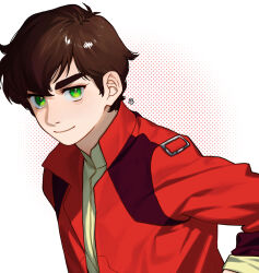 Rule 34 | 1boy, artist logo, brown hair, closed mouth, commentary request, green eyes, gundam, gundam zz, jacket, judau ashta, long sleeves, looking at viewer, male focus, open clothes, open jacket, red jacket, shirt, short hair, smile, solo, thick eyebrows, upper body, ususio 11, yellow shirt