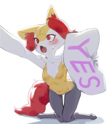 Rule 34 | 1girl, animal ear fluff, animal ears, animal feet, animal nose, arm up, armpits, black fur, blush, body fur, braixen, breasts, collarbone, creatures (company), english text, fang, female focus, fox ears, fox girl, fox tail, furry, furry female, game freak, gen 6 pokemon, gu deulmok, hand up, highres, holding, holding pillow, kneeling, knees together feet apart, leaning forward, navel, neck fur, nintendo, open mouth, outstretched arm, pillow, pokemon, pokemon (creature), red eyes, skin fang, small breasts, snout, solo, sweat, tail, tsundere, white fur, wide-eyed, yellow fur, yes-no pillow