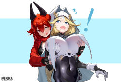 Rule 34 | !yzbuv!l, 2girls, :o, absurdres, ahoge, armored bodysuit, black gloves, blonde hair, blue eyes, blush, bodysuit, braid, breasts, bridal gauntlets, cleavage, cloak, clothing aside, copyright name, covered erect nipples, covered navel, fingerless gloves, gloves, goddess of victory: nikke, grabbing, grabbing another&#039;s breast, grabbing own breast, habit, hair between eyes, heart, highres, horns, jacket, large breasts, leather, leather jacket, long braid, long hair, long sleeves, looking at another, mechanical horns, multiple girls, nun, open mouth, rapunzel (nikke), red eyes, red hair, red hood (nikke), red scarf, scarf, sidelocks, simple background, smile, teeth, thighhighs, tongue, tongue out, unworn cloak, unzipped, upper body, very long hair, white cloak, white gloves, white hair, yuri