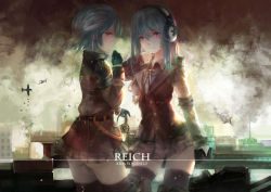 Rule 34 | 2girls, absurdres, aircraft, airplane, bismarck (warship girls r), black gloves, bomb, building, dropping, explosive, gloves, gradient background, headphones, highres, jacket, looking at viewer, mag (huangmag), mecha musume, military, military uniform, multiple girls, personification, pink eyes, revision, shirt, silver hair, skirt, smile, smoke, thighhighs, tirpitz (warship girls r), uniform, warship girls r, zettai ryouiki