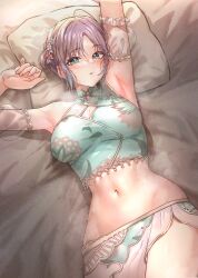 Rule 34 | 1girl, absurdres, ahoge, arm up, armpits, asakura toru, bed, blush, breasts, chinese clothes, cleavage, highres, idolmaster, idolmaster shiny colors, large breasts, lying, midriff, navel, on back, on bed, pillow, see-through, see-through sleeves, short hair, steaming body, sweat, thighs, tonguewasabi