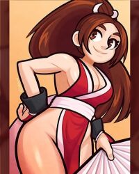 Rule 34 | 1girl, bare shoulders, breasts, brown eyes, brown hair, cleavage, fatal fury, female focus, hand fan, highleg, holding, holding fan, large breasts, long hair, matching hair/eyes, pelvic curtain, ponytail, shiranui mai, sleeveless, smile, the king of fighters, tsuvida