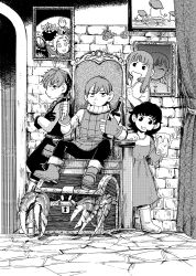 Rule 34 | 1boy, 3girls, :d, absurdres, beer mug, boots, bottle, braid, brick wall, cameo, chilchuck tims, crab, crossed arms, cup, curtains, dress, dungeon meshi, extra, father and daughter, fingerless gloves, frown, fullertom (dungeon meshi), gloves, greyscale, hair over shoulder, halfling, highres, holding, indoors, laios touden, leaning back, long hair, long sleeves, looking at viewer, marcille donato, mayjack (dungeon meshi), monochrome, mug, multiple girls, mushroom, open mouth, packpatty (dungeon meshi), pants, peeking out, petermann, photo (object), picture frame, pouch, senshi (dungeon meshi), siblings, sisters, sitting, sleeveless, smile, standing, throne, treasure chest, vest, walking mushroom (dungeon meshi), wine bottle
