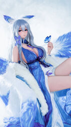 Rule 34 | 1girl, absurdres, animal ear fluff, animal ears, azur lane, blue butterfly, blue collar, blue dress, blue eyes, breasts, bug, butterfly, butterfly on hand, cleavage, collar, dress, evening gown, feather boa, fox ears, fox girl, grey hair, halter dress, halterneck, highres, insect, kitsune, kyuubi, large breasts, large tail, long hair, multiple tails, official alternate costume, shinano (azur lane), shinano (dreams of the hazy moon) (azur lane), simple background, solo, tail, white tail, wjy1347193, wrist flower