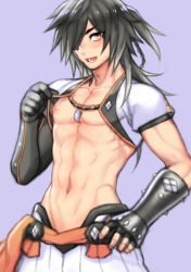 Rule 34 | 1boy, abs, bad id, bad pixiv id, bare pectorals, black hair, blush, cosplay, fingerless gloves, folks (nabokof), gloves, hair over one eye, jewelry, long hair, male focus, navel, necklace, nipples, open mouth, orange eyes, pectorals, purple background, rokurou rangetsu, shigure rangetsu, shigure rangetsu (cosplay), shigure rangetsu cosplay, topless male, simple background, solo, tales of (series), tales of berseria, teeth, upper body
