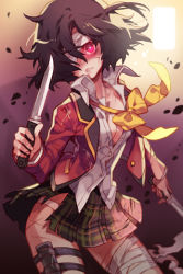 Rule 34 | 1girl, bandages, black hair, blazer, bow, breasts, dress shirt, female focus, gradient background, holster, jacket, knife, lowres, open clothes, panties, plaid, plaid skirt, pleated skirt, red eyes, scar, school uniform, shirt, short hair, skirt, small breasts, solo, sword girls, torn clothes, underwear, uniform