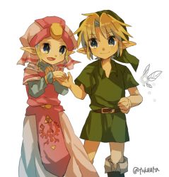 Rule 34 | 1boy, 1girl, artist request, blonde hair, blue eyes, hat, link, looking at another, nintendo, pointy ears, princess zelda, short hair, smile, the legend of zelda, the legend of zelda: ocarina of time, white background, young link, young zelda, aged down