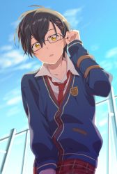 Rule 34 | 1boy, bad id, bad pixiv id, blue sky, blush, brown hair, chagama-chan, cloud, collarbone, collared shirt, day, glasses, hair between eyes, hair ornament, hairclip, jude mathis, long sleeves, looking at viewer, male focus, necktie, official alternate costume, open mouth, pants, school uniform, shirt, short hair, sky, solo, standing, sunlight, sweater, tales of (series), tales of xillia, yellow eyes