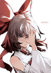 Rule 34 | 1girl, artist name, bow, brown hair, covering one eye, detached sleeves, frilled hair tubes, frills, hair bow, hair tubes, hakurei reimu, hand on own face, hand up, hare (yamihuji), highres, long hair, long sleeves, looking at viewer, red bow, red footwear, smile, solo, touhou, upper body, wide sleeves