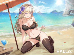 Rule 34 | 1girl, absurdres, arm support, beach, beach umbrella, blonde hair, blue skirt, blush, breasts, cleavage, cleavage cutout, clothing cutout, cloud, crab, day, flower, food, fruit, glass bottle, hair flower, hair intakes, hair ornament, hallohi, highres, kneeling, lace, lace-trimmed panties, lace trim, large breasts, lime (fruit), lime slice, long hair, looking at viewer, ocean, original, palm tree, panties, shore, skirt, smile, solo, starfish, swimsuit, thighhighs, tree, umbrella, underwear
