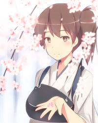 Rule 34 | 10s, 1girl, bad id, bad pixiv id, blush, breasts, brown eyes, brown hair, cherry blossoms, japanese clothes, kaga (kancolle), kantai collection, muneate, personification, short hair, shuuichi, side ponytail, smile, solo