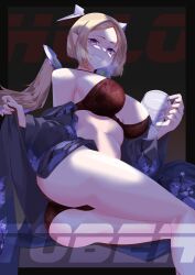 1girl :d absurdres aki_rosenthal ass beer_mug blonde_hair bob_cut bra breasts cup detached_hair grin headgear highres holding holding_cup hololive japanese_clothes kimono large_breasts low_twintails lying mug on_side open_clothes open_kimono open_mouth panties parted_bangs pointy_ears purple_eyes red_bra red_panties smile solo thighs twintails uhen underwear virtual_youtuber yukata