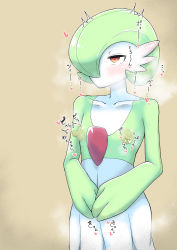 Rule 34 | 1girl, absurdres, blush, breath, brown background, collarbone, colored skin, cowboy shot, creatures (company), ear blush, expressionless, female focus, flat chest, game freak, gardevoir, gen 3 pokemon, green hair, green skin, hair over one eye, half-closed eyes, heart, highres, japanese text, lactation, multicolored skin, nanishimeji, nintendo, nipples, no mouth, own hands together, pokemon, pokemon (creature), red eyes, short hair, simple background, solo, spoken heart, standing, steam, translation request, trembling, two-tone skin, white skin