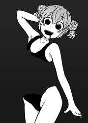 Rule 34 | 1girl, 4shi, :d, arm at side, arm behind head, arm up, bags under eyes, collarbone, commentary request, cowboy shot, dango-chan (4shi), disembodied hand, double bun, drooling, gradient background, greyscale, hair bun, highleg, highleg swimsuit, highres, hollow eyes, looking at viewer, monochrome, open mouth, original, school swimsuit, short hair, smile, solo, swimsuit