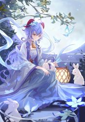 Rule 34 | 1girl, ahoge, alternate costume, animal, animal on lap, bell, blue eyes, blue hair, blue ribbon, blue shawl, blurry, branch, breasts, chinese clothes, chinese knot, choker, cleavage, commentary, cowbell, crystalfly (genshin impact), depth of field, dress, falling petals, flower, flower knot, full body, full moon, ganyu (genshin impact), genshin impact, glaze lily, goat horns, hair between eyes, hair flower, hair ornament, hanfu, highres, horns, issign, lantern, leaf, leaning forward, long dress, long hair, long sleeves, looking at another, looking down, moon, moonlight, night, on lap, outdoors, petals, rabbit, ribbon, shawl, sidelocks, signature, sitting, smile, solo, symbol-only commentary, tassel, wavy hair, wide sleeves