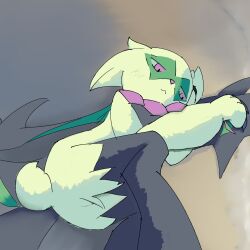 Rule 34 | ambiguous gender, ass, bad tag, beach, green fur, highres, looking at viewer, looking back, mask, meowscarada, nintendo, pink eyes, pokemon, pokemon (creature), sad, short tail, solo, tail