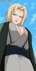 Rule 34 | 1girl, absurdres, angry, blonde hair, blue sky, blush, breasts, brown eyes, cleavage, cloud, coat, curvy, ecchianimeedits, facial mark, female focus, forehead, forehead mark, highres, huge breasts, japanese clothes, kimono, large breasts, lipstick, long hair, makeup, naruto, naruto (series), naruto shippuuden, open clothes, outdoors, sky, solo, tsunade (naruto)