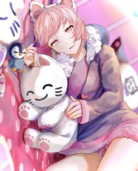 Rule 34 | 1girl, bad id, bad twitter id, bed, bird, cat-shaped pillow, headband, highres, indie utaite, looking at viewer, mebuki (moon angel 4), niconico, nqrse, open mouth, penguin, pink eyes, pink hair, pink skirt, shirt, short hair, skirt, smile, solo, utaite