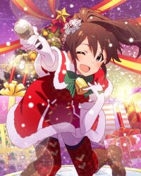 Rule 34 | 1girl, bell, blue eyes, boots, brown hair, candle, christmas, christmas tree, gift, gloves, idolmaster, idolmaster million live!, idolmaster million live! theater days, microphone, official art, one eye closed, open mouth, ponytail, satake minako, solo, star (symbol), thighhighs, white gloves