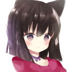 Rule 34 | 1girl, animal ears, bad id, bad pixiv id, blush, bow, brown eyes, brown hair, closed mouth, collarbone, hair between eyes, original, purple bow, red shirt, shirt, simple background, smile, solo, tsukiyo (skymint), upper body, white background