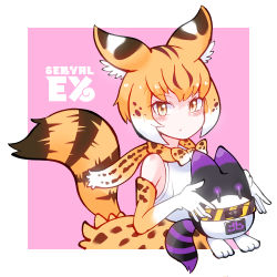 Rule 34 | 1girl, absurdres, animal ear fluff, animal ears, bare shoulders, blonde hair, blush, bow, bowtie, character name, commentary, elbow gloves, english commentary, extra serval (kemono friends), gloves, highres, holding, kemono friends, looking at viewer, lucky beast (kemono friends), multicolored hair, parsley (simonov1941), print bow, print bowtie, print gloves, print neckwear, print skirt, serval print, serval tail, shirt, short hair, simple background, skirt, sleeveless, sleeveless shirt, solo, striped tail, tail, white hair, white shirt, yellow eyes